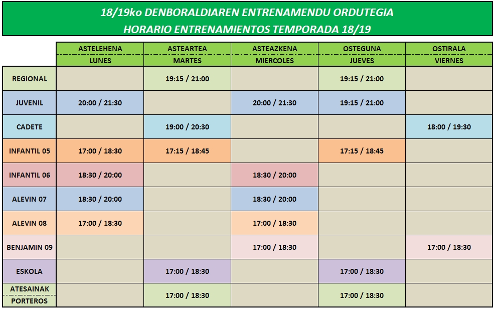 Horario entrenamientos