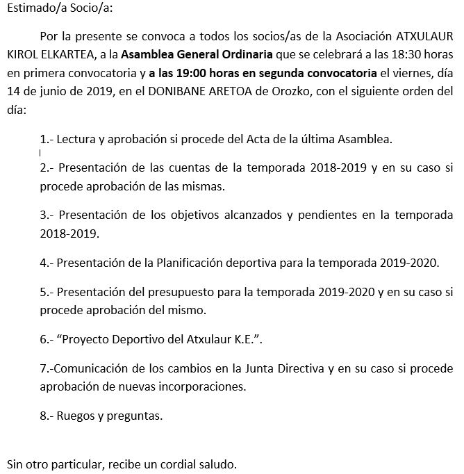 Convocatoria Junta cas