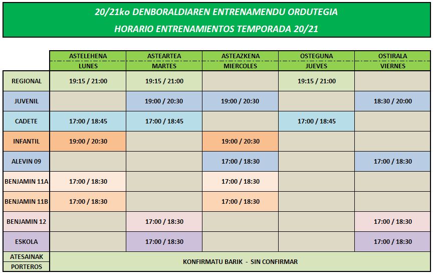 Horario entrenamientos